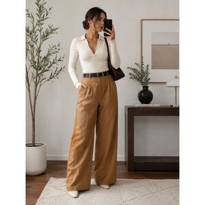 Madewell Camel Pleated Wide Leg Wool Blend Pants Trouser Old Money Quiet Luxury